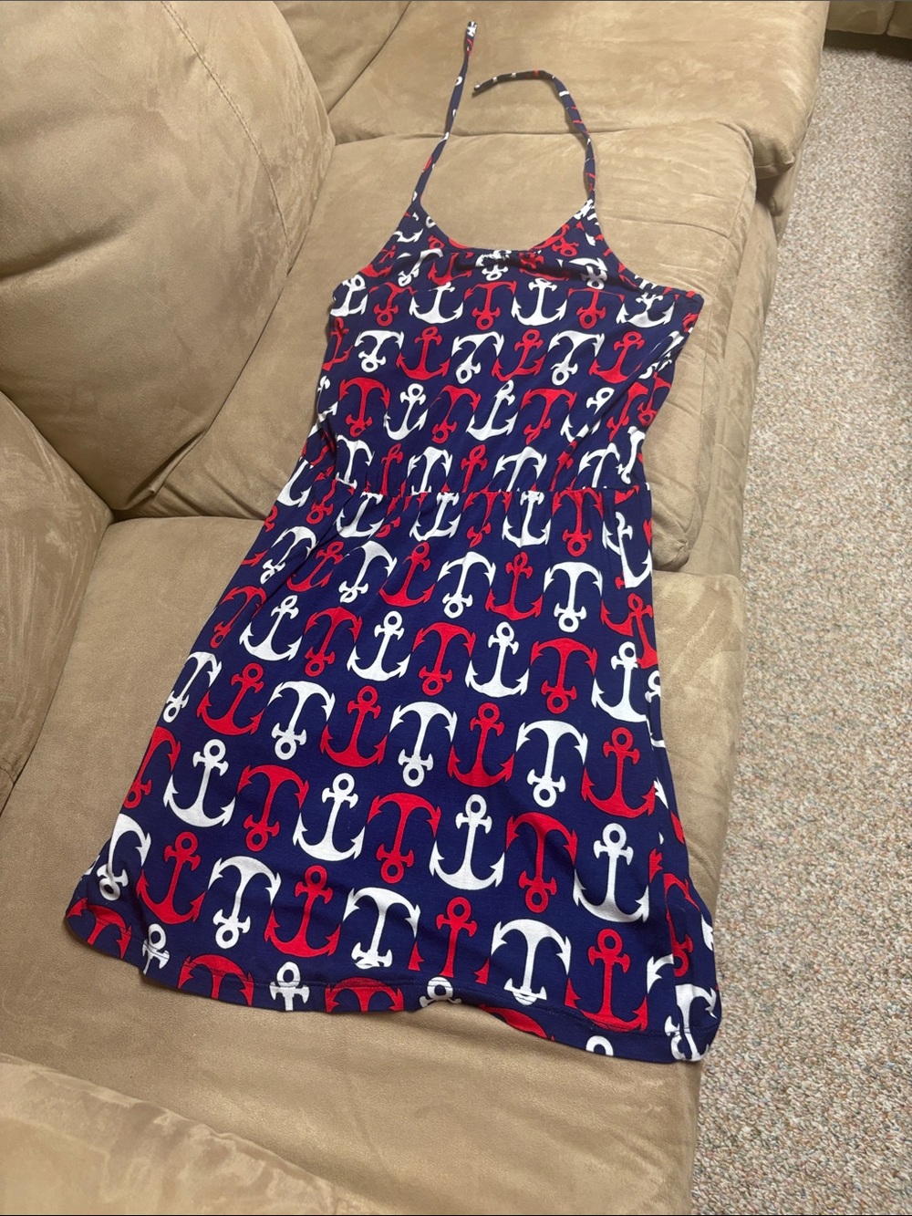 Nautical Anchor Halter Womens Dress - Navy, Red & White